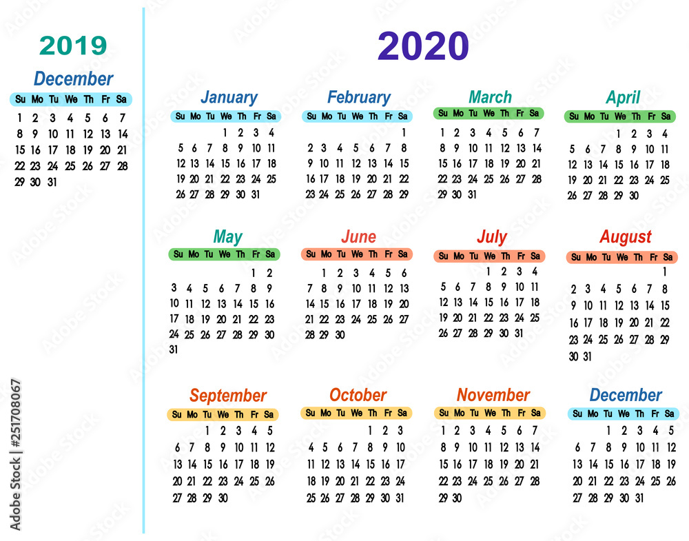 Vector calendar 2020 with one month 2019 december