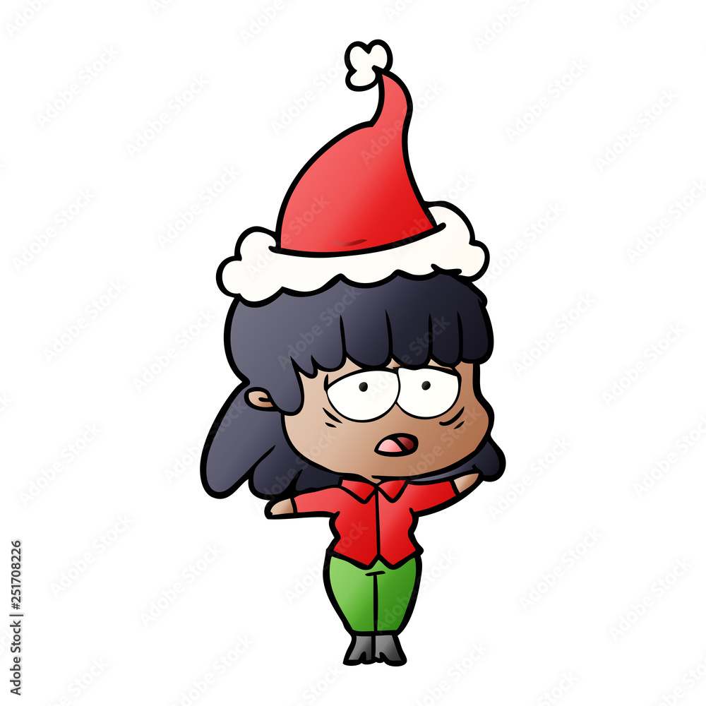 gradient cartoon of a tired woman wearing santa hat gradient cartoon of a tired woman wearing santa hat