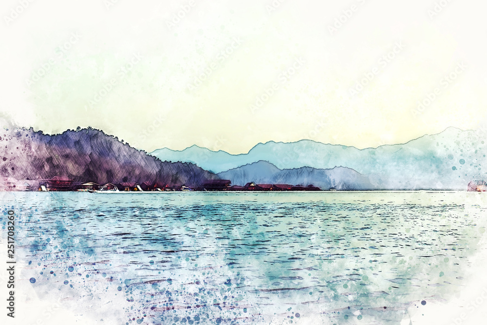 Abstract Colorful mountain peak and river on watercolor illustration painting background.