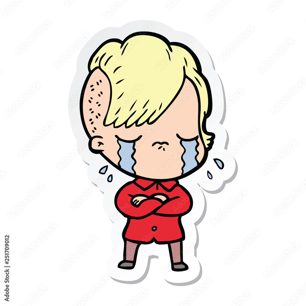 sticker of a cartoon crying girl with crossed arms