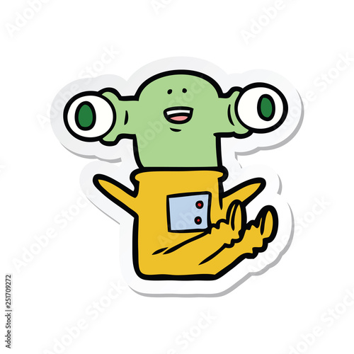 sticker of a friendly cartoon alien sitting down