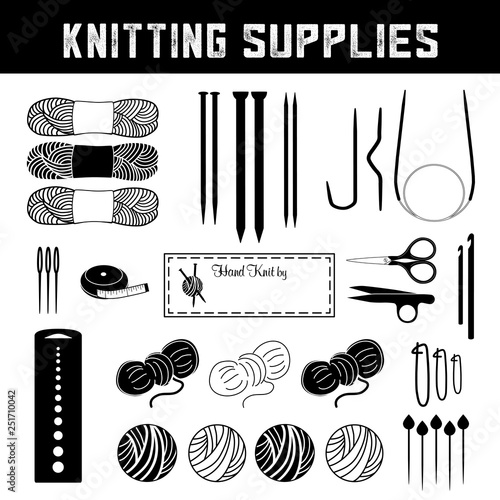 Knitting Supplies for flat, circular, cable knits: needles, sewing label, tapestry needles, tape measure, scissors, thread clips, crochet hook, stitch holder, marker pins, gauge, skeins, balls of yarn