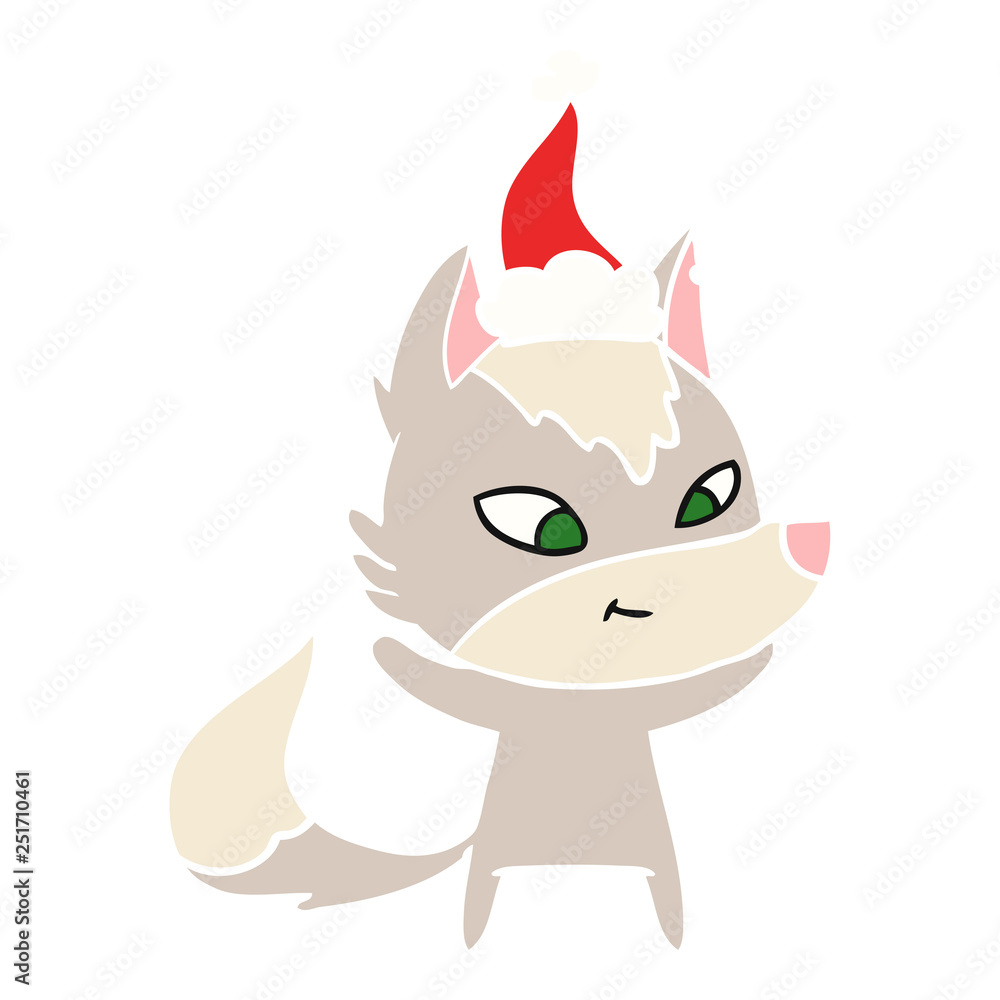 friendly flat color illustration of a wolf wearing santa hat friendly flat color illustration of a wolf wearing santa hat