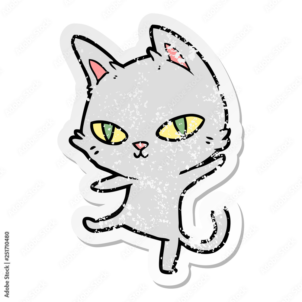 distressed sticker of a cartoon cat staring distressed sticker of a cartoon cat staring