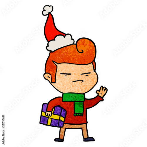 textured cartoon of a cool guy with fashion hair cut wearing santa hat