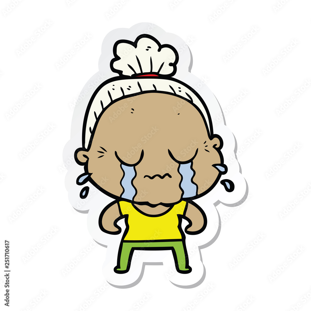sticker of a cartoon crying old lady sticker of a cartoon crying old lady