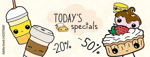 Social network banner template. Cute kawaii to go beverage cups with desserts. Special offer template for cafes and coffee shops.
