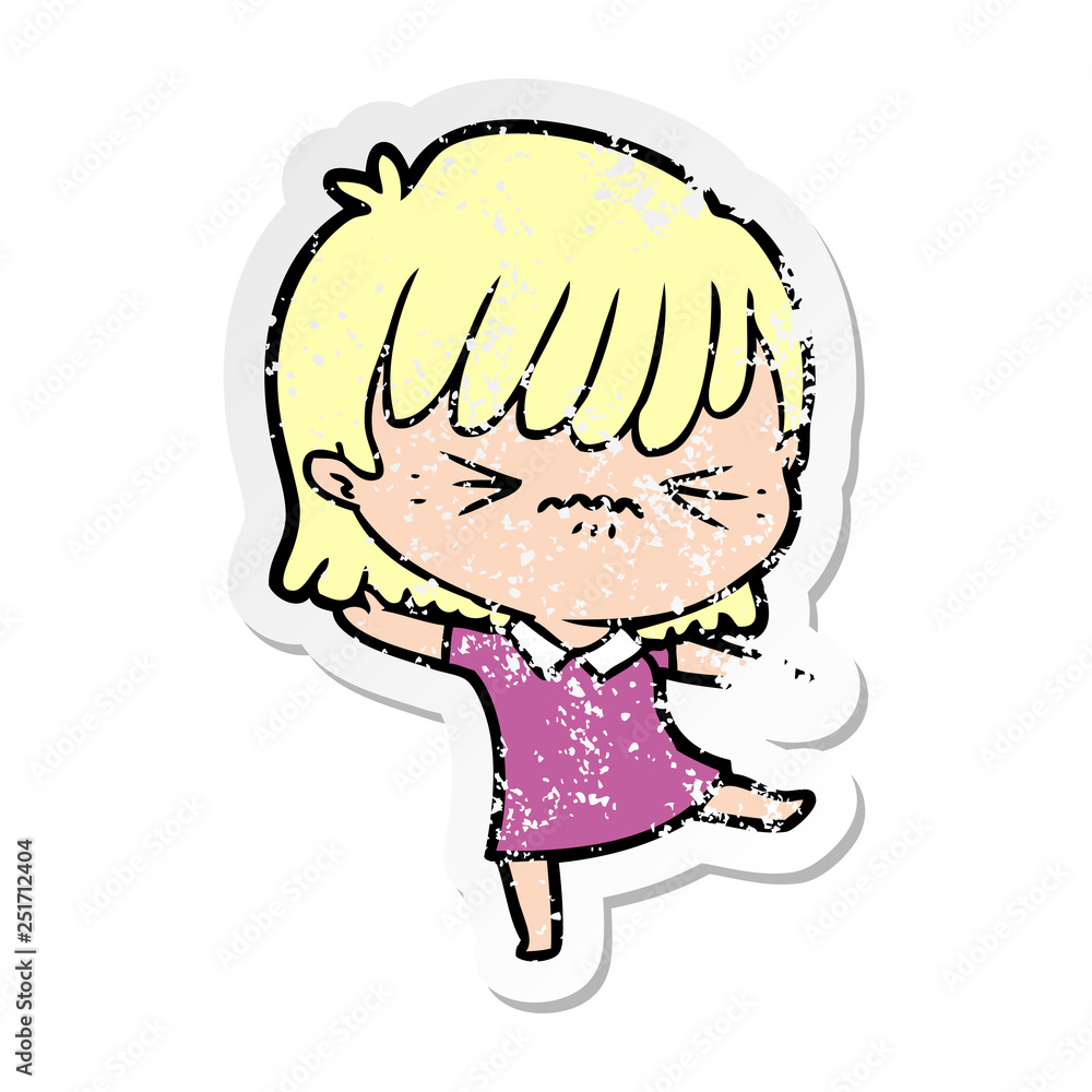 distressed sticker of a annoyed cartoon girl