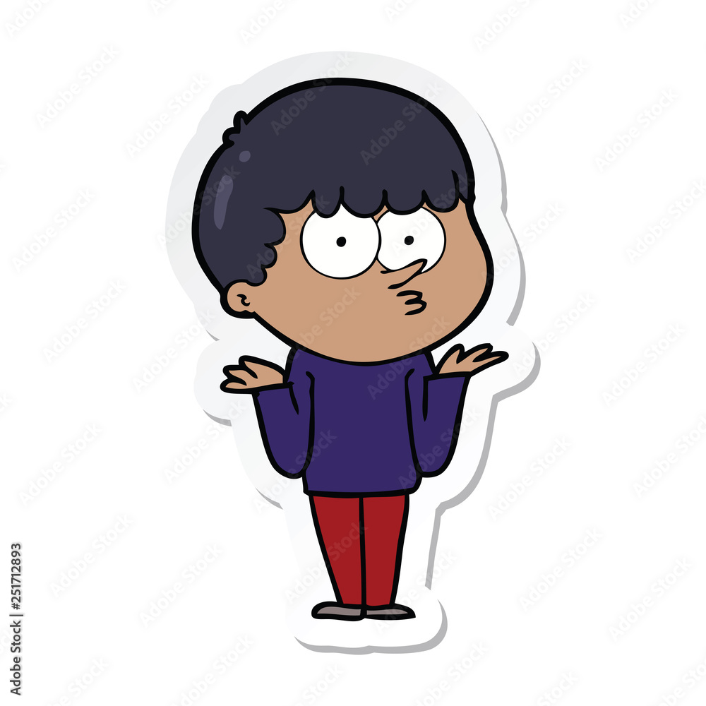 sticker of a cartoon curious boy shrugging shoulders sticker of a cartoon curious boy shrugging shoulders