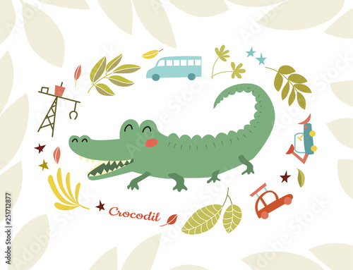 Crocodile. Funny predator in cartoon style. Cheerful green alligator.