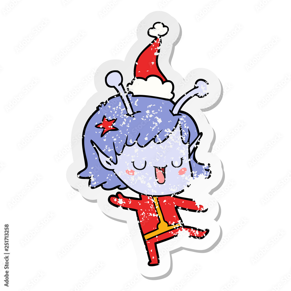 happy alien girl distressed sticker cartoon of a wearing santa hat happy alien girl distressed sticker cartoon of a wearing santa hat