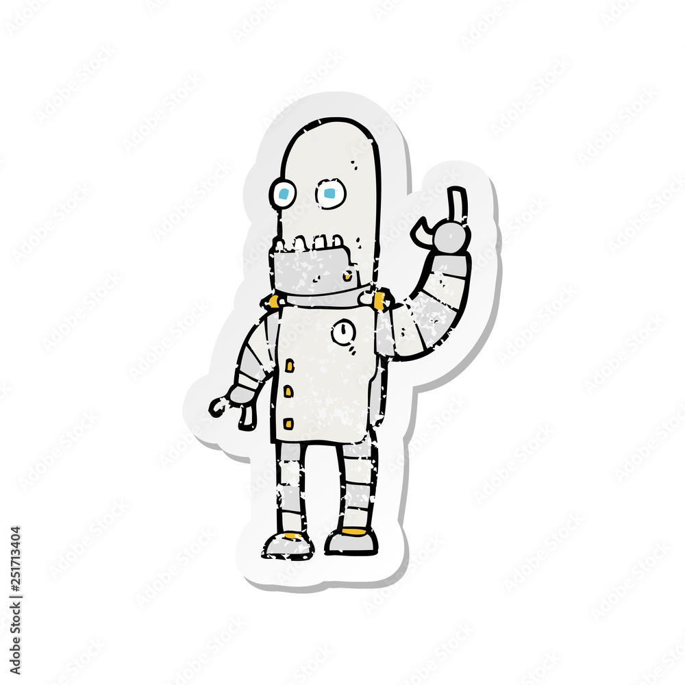 retro distressed sticker of a cartoon waving robot retro distressed sticker of a cartoon waving robot