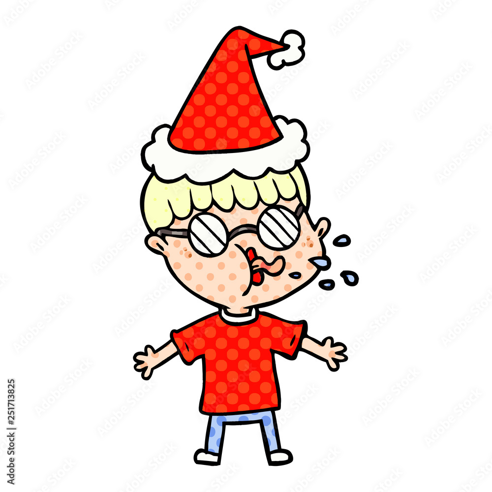 comic book style illustration of a boy wearing spectacles wearing santa hat