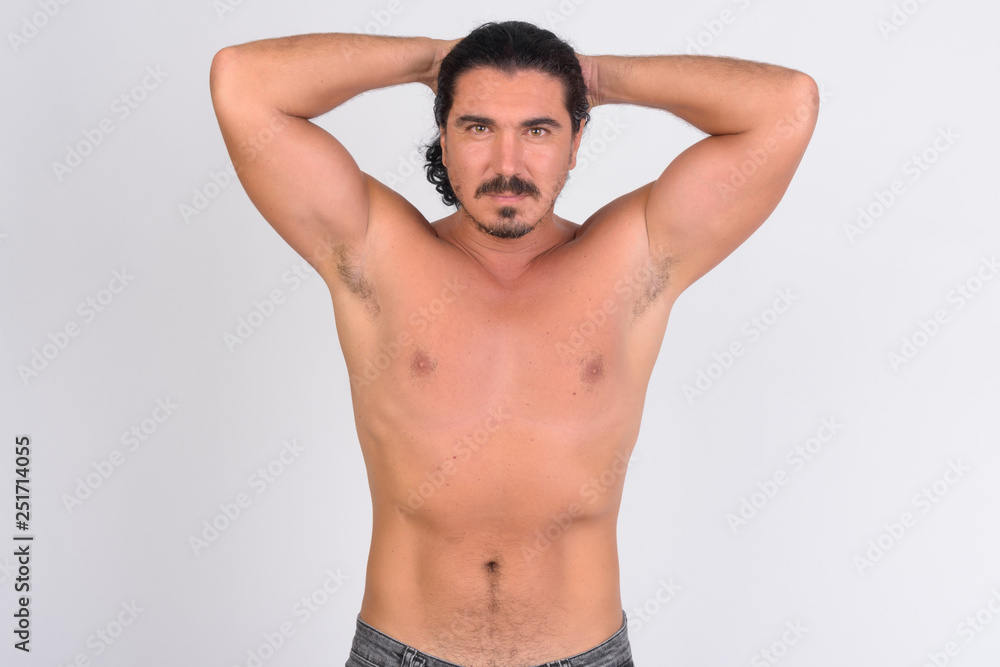 Shirtless handsome macho man with mustache flexing Shirtless handsome macho man with mustache flexing