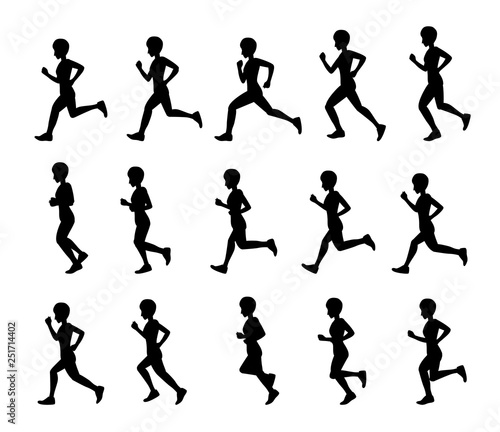 Healthy Short Hair Girl Running Animation Sequence Vector Illustration Silhouettes