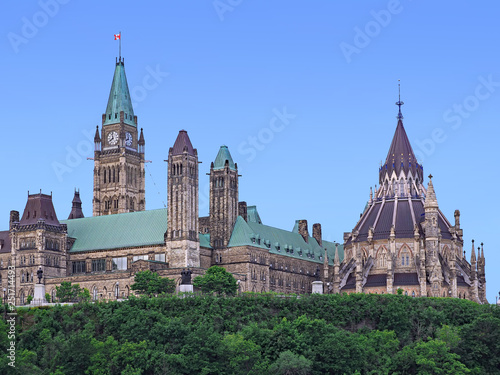 View of the Canadian Parliament Building from across the Rideau Canal  with the circular library at the right