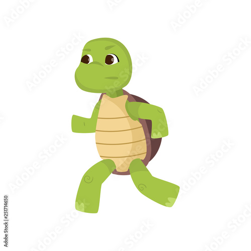 Cute little turtle running on two hind legs isolated on white background