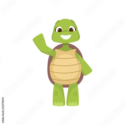 Front view of cute smiling green turtle standing on two hind legs and waving hand isolated on white background
