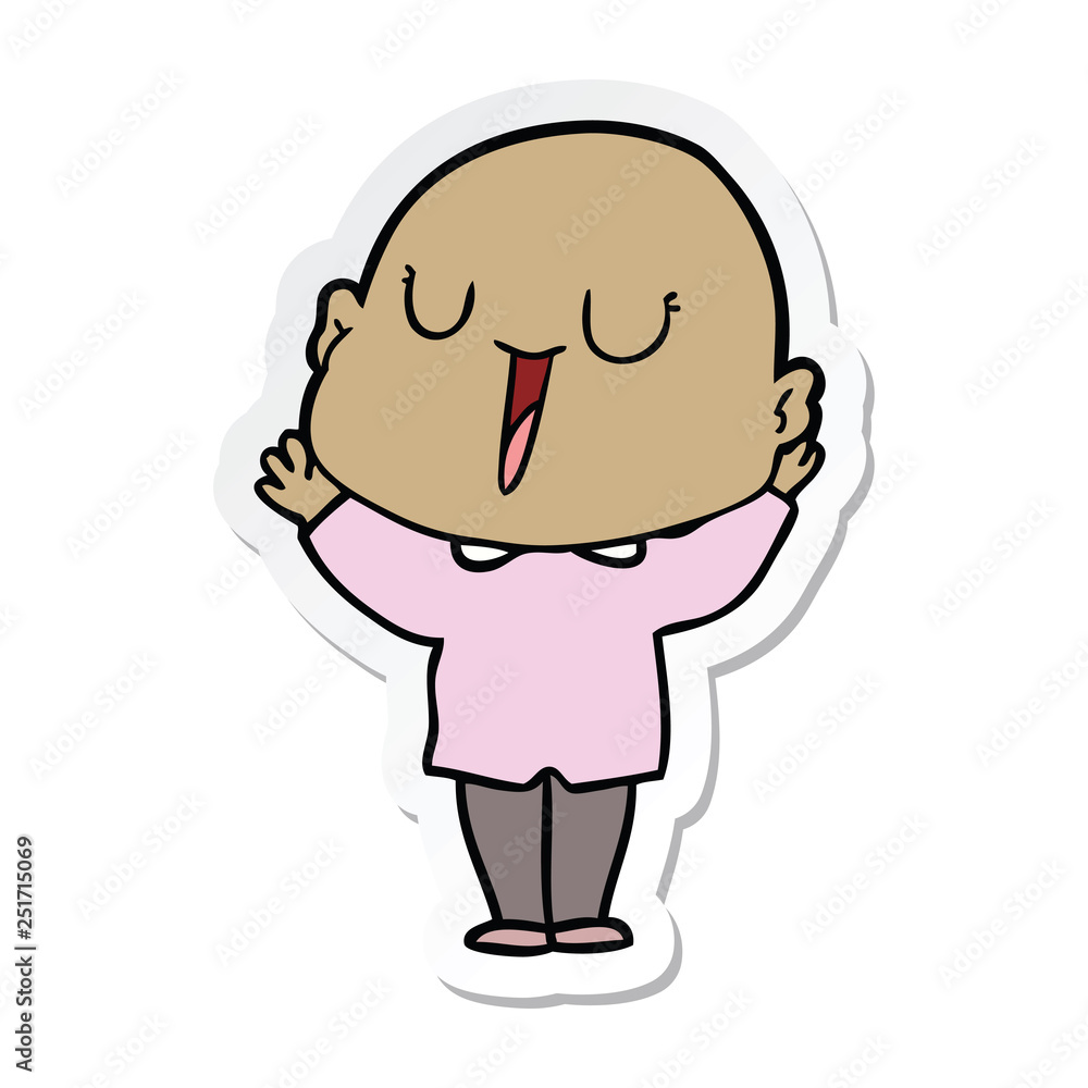 sticker of a happy cartoon bald man