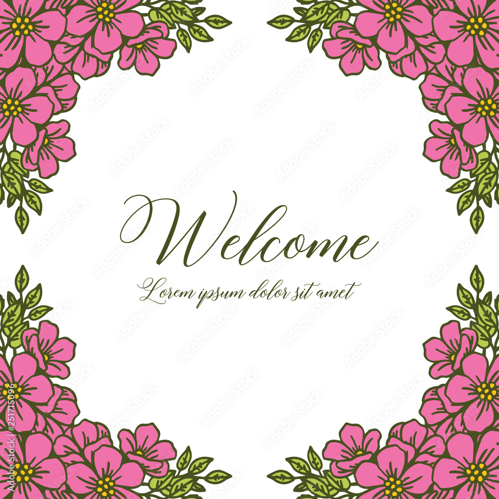 Vector illustration welcome greeting card with green leaf flower frame hand drawn