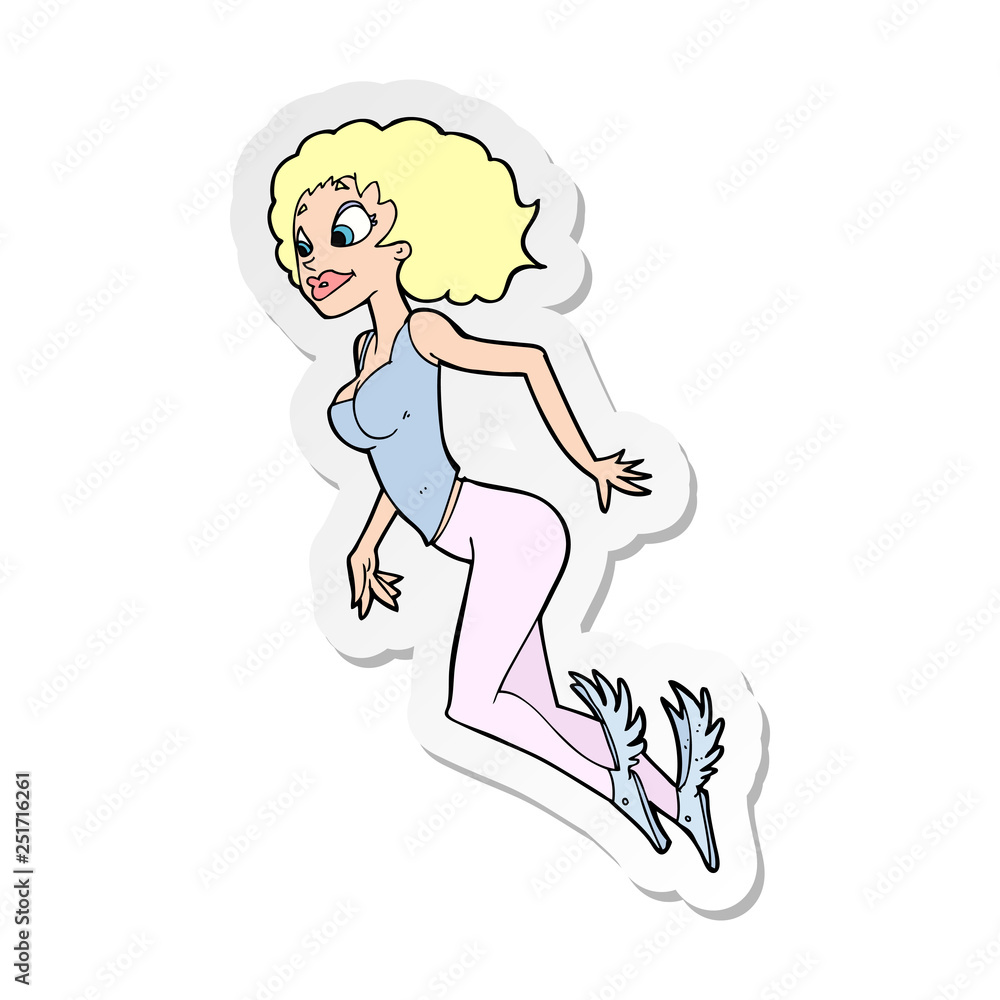sticker of a cartoon flying woman sticker of a cartoon flying woman