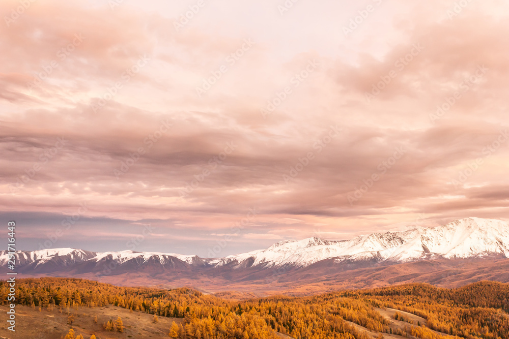 Autumn in mountain valley. Mountain range and yellow forest on horizon