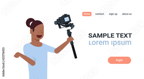 woman blogger broadcasting live stream report shooting selfie video african girl recording herself using camera gimbal stabilizer blogging concept copy space horizontal