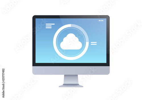 modern desktop monitor internet connection cloud computer synchronization screen digital network technology concept white background horizontal