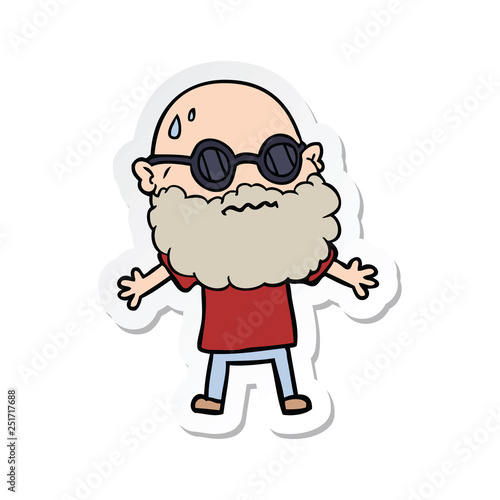 sticker of a cartoon worried man with beard and sunglasses