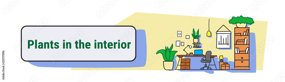 Fototapeta premium modern workplace cabinet room office workspace interior design with plants on wall empty no people colorful sketch flow style horizontal banner
