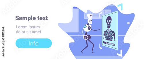 humanoid robot doctor examining x-ray photograph cyborg recognizing patient radiography artificial intelligence medicine healthcare concept copy space horizontal flat