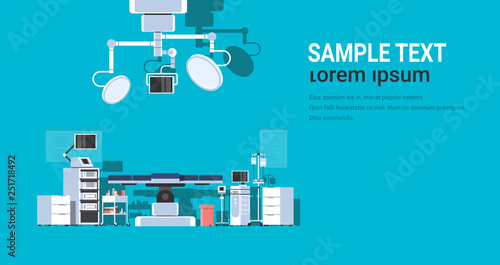 hospital operating table clean medical surgery room intensive therapy modern equipment clinic horizontal copy space blue background