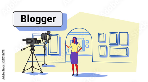 woman blogger recording video on camera female guide standing art gallery museum interior online excursion social media blog concept sketch flow style horizontal