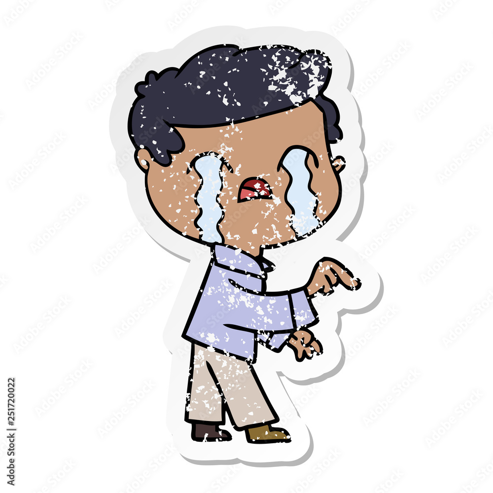 distressed sticker of a cartoon man crying