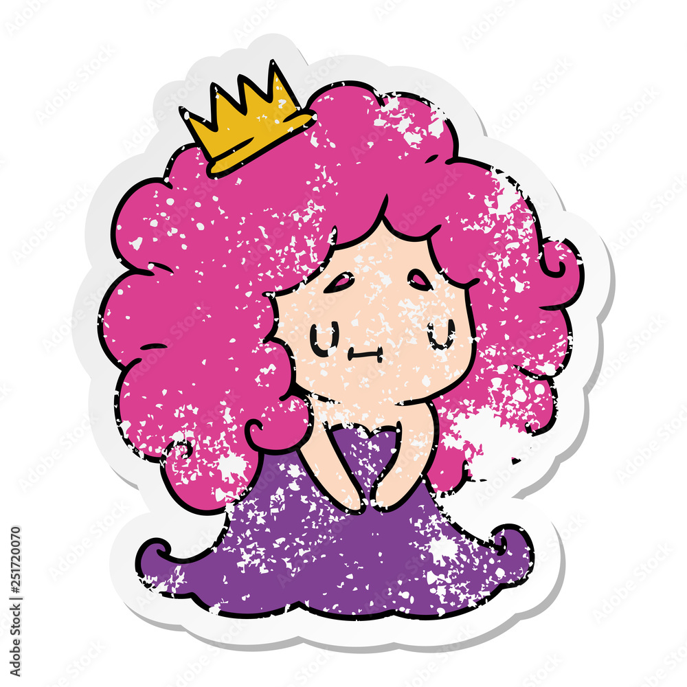 distressed sticker cartoon of a cute kawaii princess girl distressed sticker cartoon of a cute kawaii princess girl