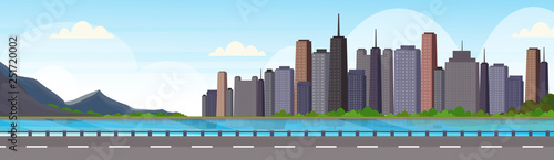 asphalt highway road over beautiful river mountain city panorama high skyscrapers cityscape background skyline flat horizontal banner