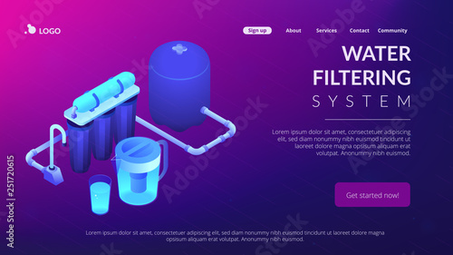 Water filtering system concept isometric 3D landing page.