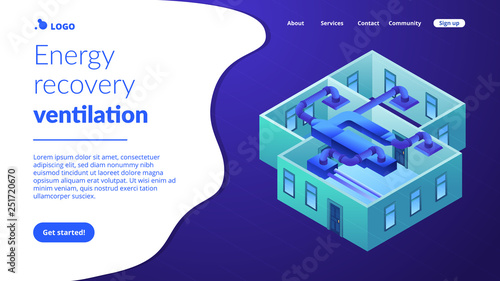 Ventilation system concept isometric 3D landing page.