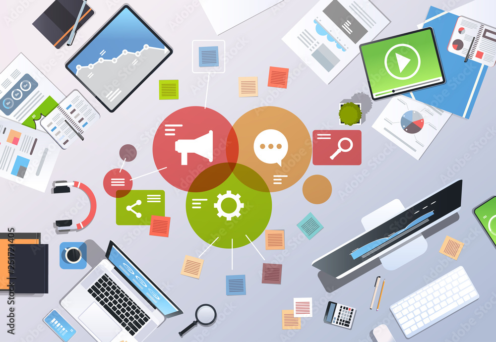 social media digital marketing concept top angle view workplace desktop office stuff horizontal social media digital marketing concept top angle view workplace desktop office stuff horizontal