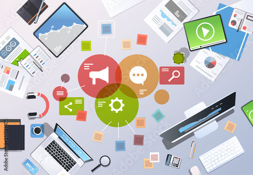 social media digital marketing concept top angle view workplace desktop office stuff horizontal