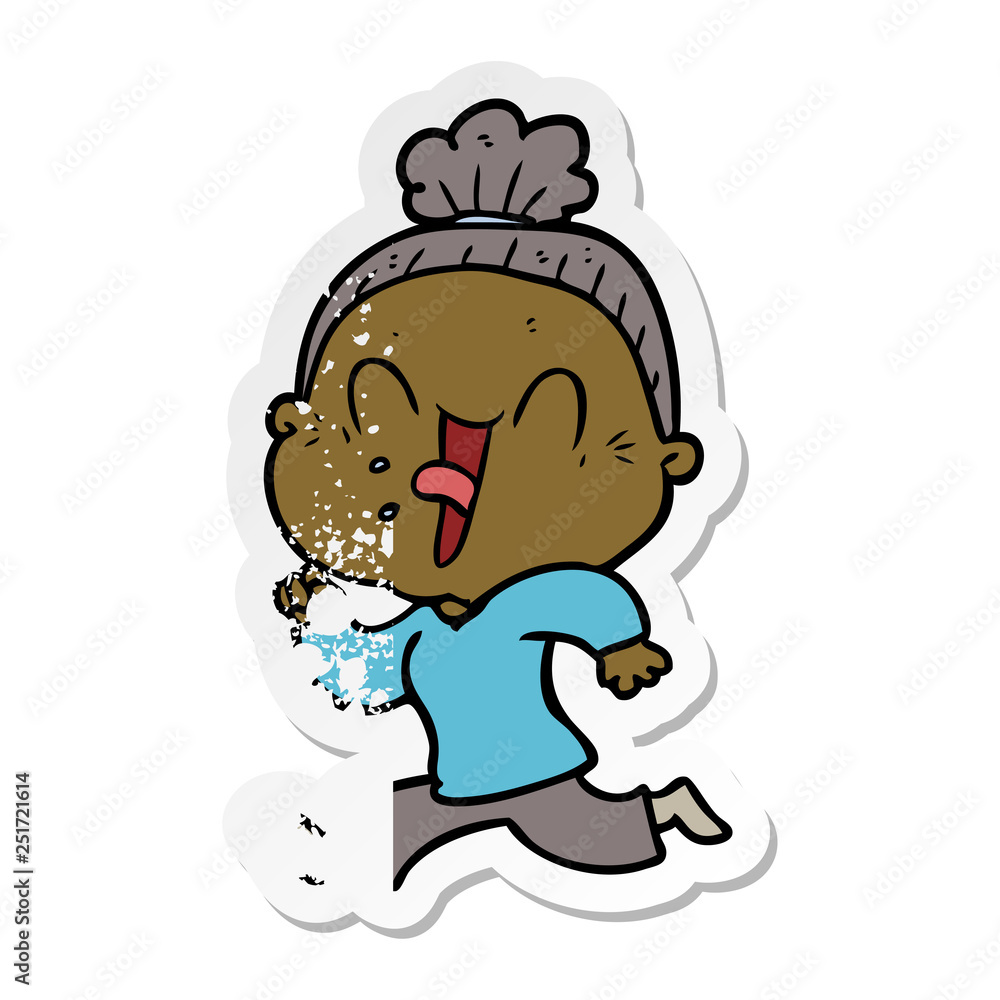 distressed sticker of a cartoon happy old woman distressed sticker of a cartoon happy old woman
