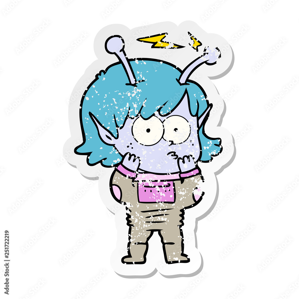 distressed sticker of a cartoon alien girl distressed sticker of a cartoon alien girl