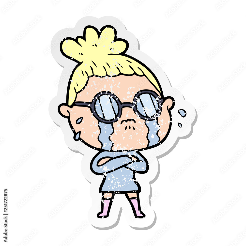 Fototapeta premium distressed sticker of a cartoon crying woman wearing spectacles