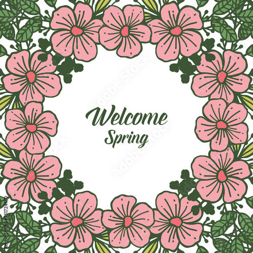 Vector illustration welcome card write with leaf flower frame texture hand drawn