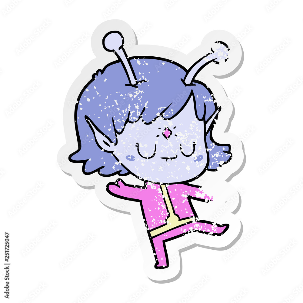 distressed sticker of a cartoon alien girl distressed sticker of a cartoon alien girl