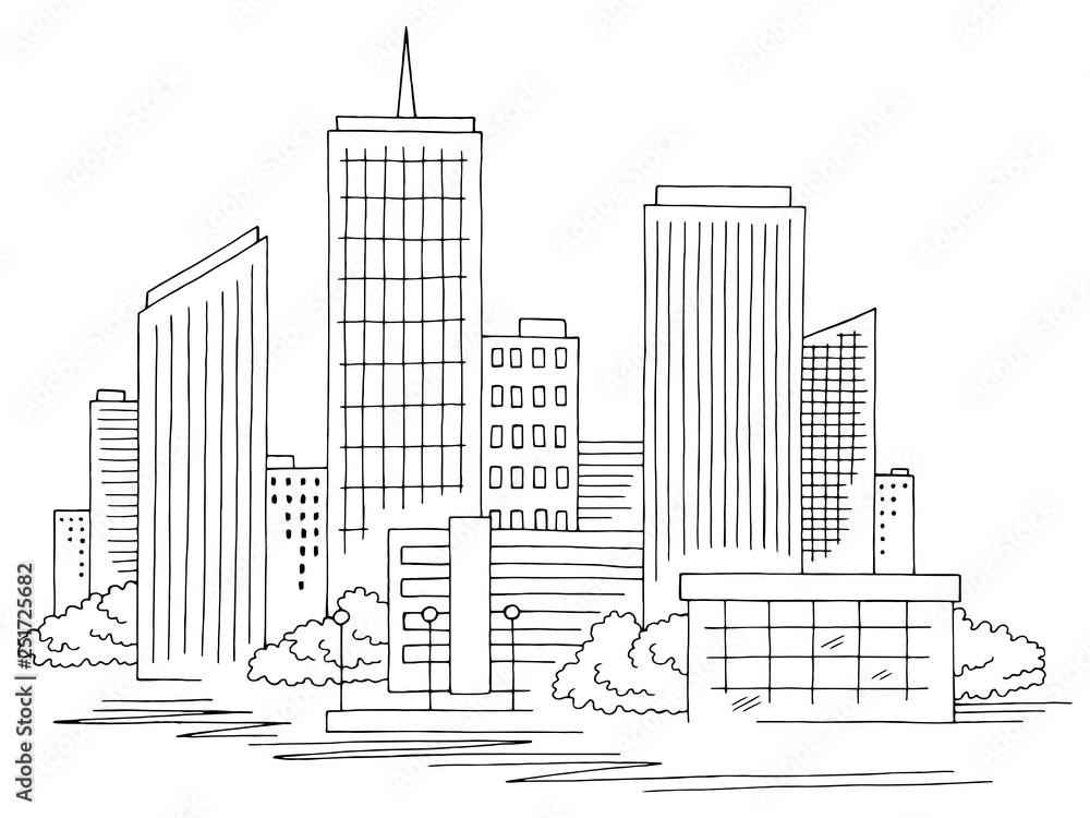 City graphic black white cityscape sketch illustration vector Stock Vector Adobe Stock