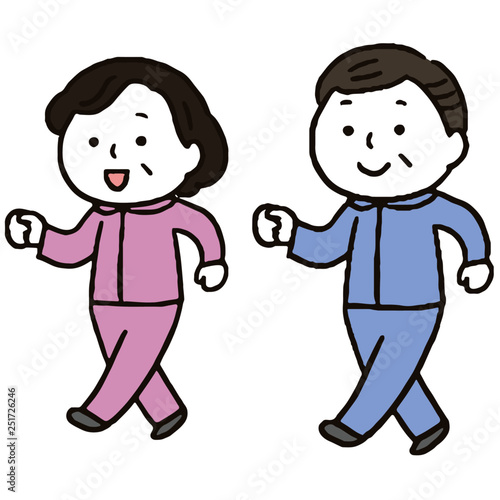 運動・ウォーキングするかわいい中年夫婦/手描き