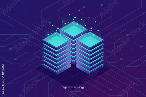 Server room, cloud data cloud storage, big data processing concept, networking and internet conncetion