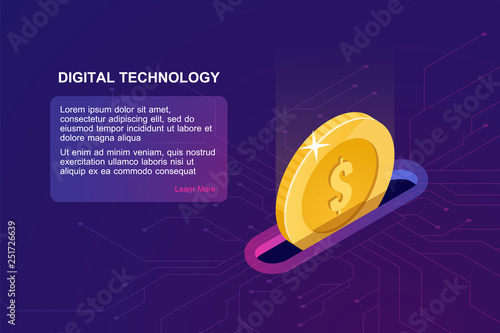 Digital banking online, isometric icon of falling coin, electronic internet purse, financial management online service accumulation and investment of funds, ultraviolet