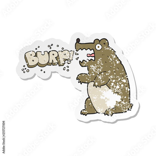 retro distressed sticker of a cartoon bear burping